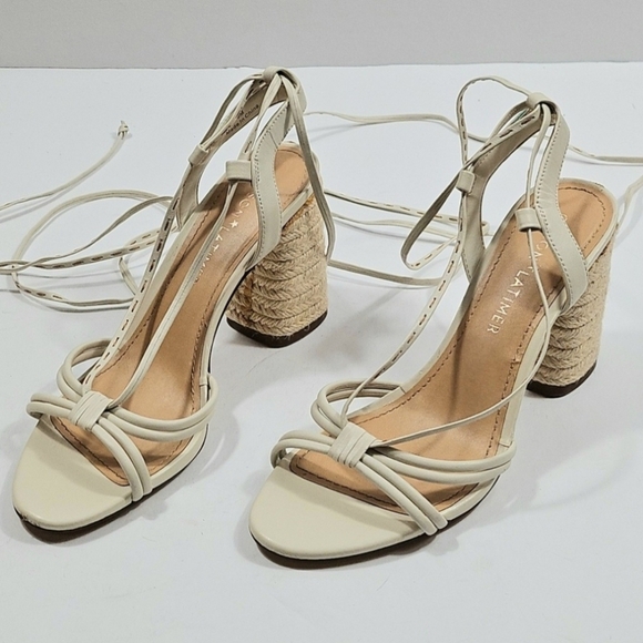 Gibson Latimer Tasha Sheep Leather Cream Ankle Wrap Jute Block Heel Sandal - Picture 3 of 16